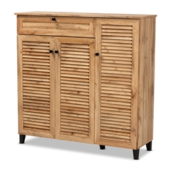 Baxton Studio Coolidge Modern and Contemporary Oak Brown Finished Wood 3-Door Shoe Storage Cabinet with Drawer